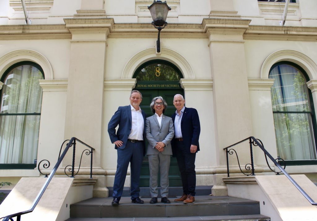 Mike Flattley, Tien Kieu and Rob Gell outsite the Royal Society of Victoria's building