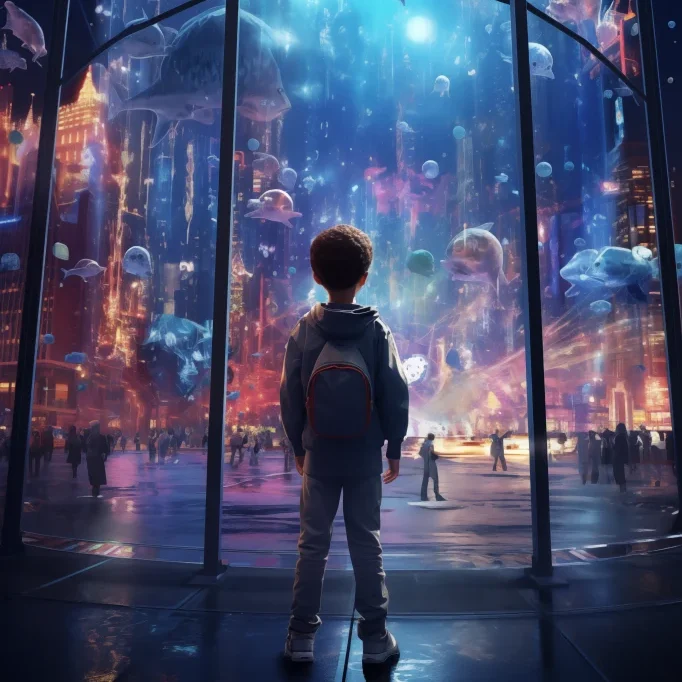 A child in a futuristic city playing with holographic art