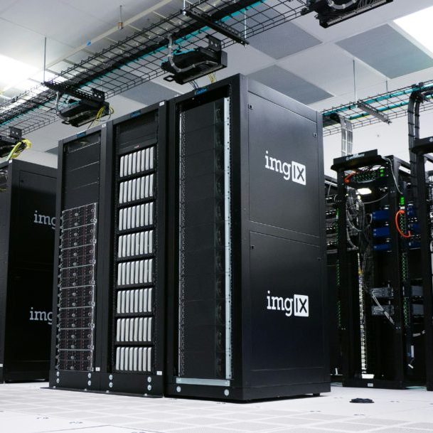 A massive rack of servers in a data facility